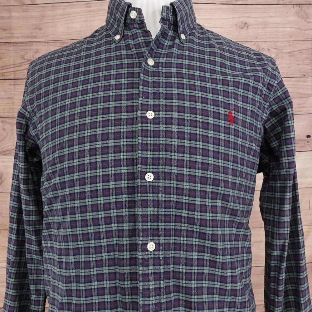 Ralph Lauren Shirt Mens L Green Plaid Long Sleeve Button-Up Cotton Logo